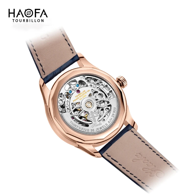 Haofa GMT Automatic Tourbillon Watch for Men Meteorite Pattern Sun and Moon Dial Sapphire Luminous Mens Wristwatches Casual 8002
