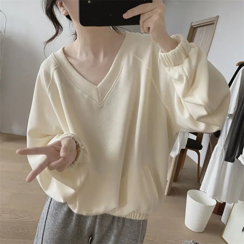 Korean Version New Temperament Commuting Women\'s Clothing Splice Pockets V-neck Long Sleeved Simplicity Solid Color Sweatshirts