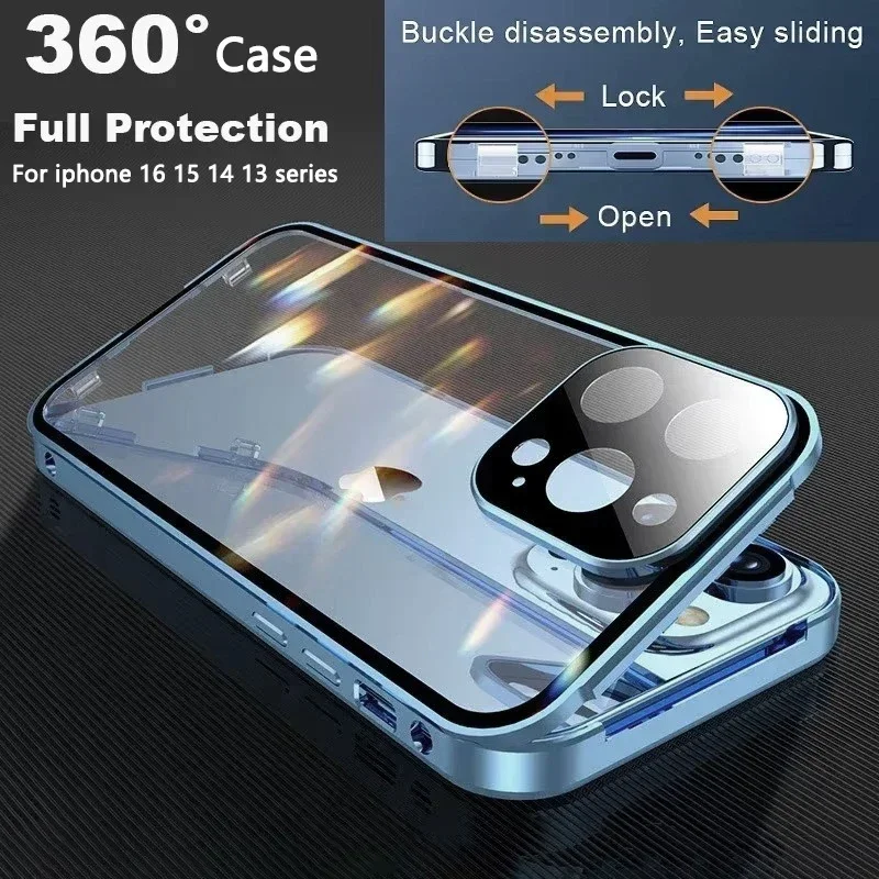 

360°Full Protection Metal aluminum alloy Magnetic Case For iPhone 16 15 14 13 Pro Max Double Sided Glass Snap Lock Bumper Cover