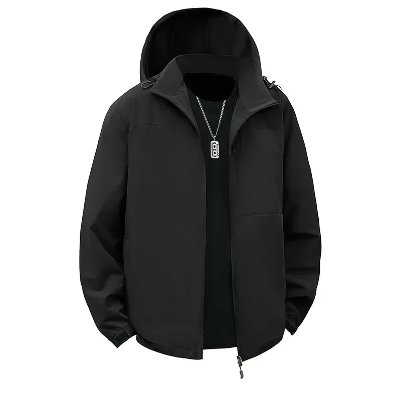 

Outdoor Jackets for Men Spring Autumn Solid Color Hooded Waterproof Removable Hat Coats Man Casual Loose Jackets Male Outwear