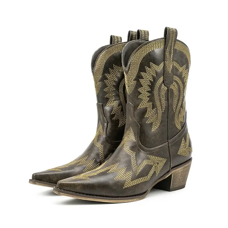 Europejskie i amerykańskie retro haftowane krótkie buty z rękawami nici dla kobiet jesienne i zimowe grube buty na wysokim obcasie szpiczaste buty