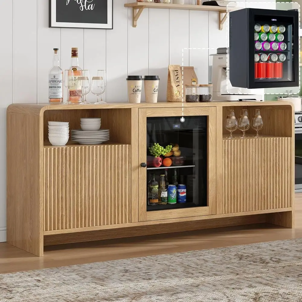 

60 Oak Coffee Bar Cabinet with Beverage Ridge, Storage Sideboard for Home, Dining, and Living Rooms