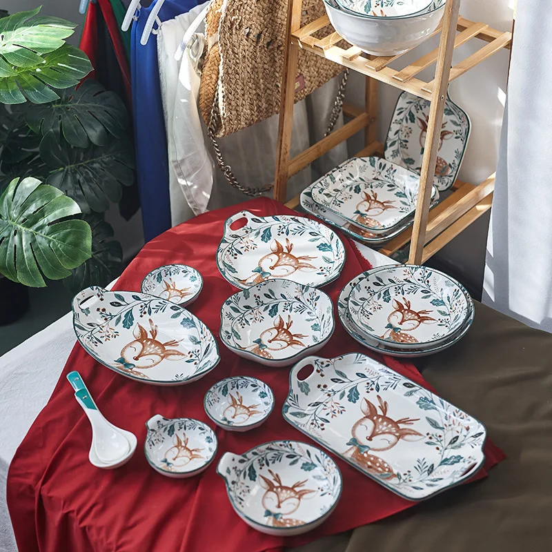 Nordic Ceramic Hand-Painted Glazed Color Plate Bowl Set Cartoon Deer Household Anti-Hot Baking Plate Forest Animal Tableware Set