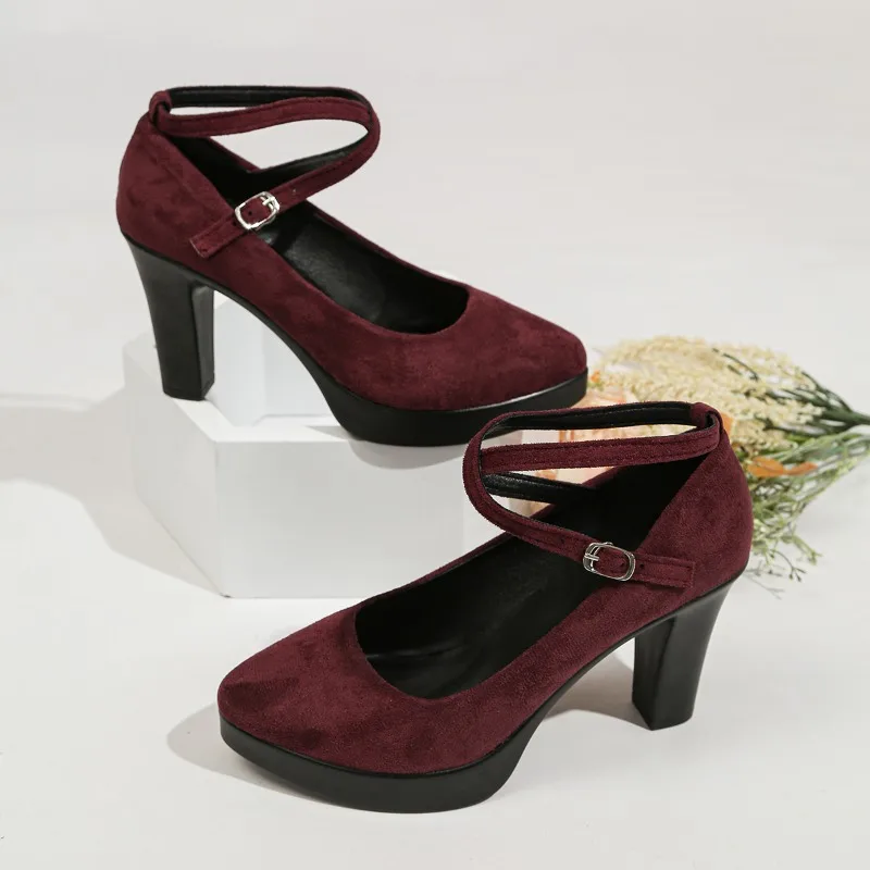 

Suede Soft Leather Block Heel Non-Slip Heels Scrub Block Heel Temperament Slip Slip Shoes