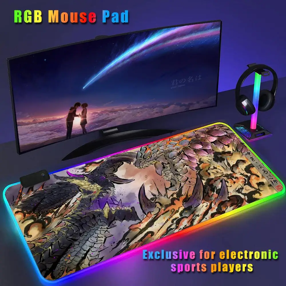 Monster Hunter Wilderness Drawing Dragon Mouse Pad anime character luminous super large RGB office game competitive keyboard pad