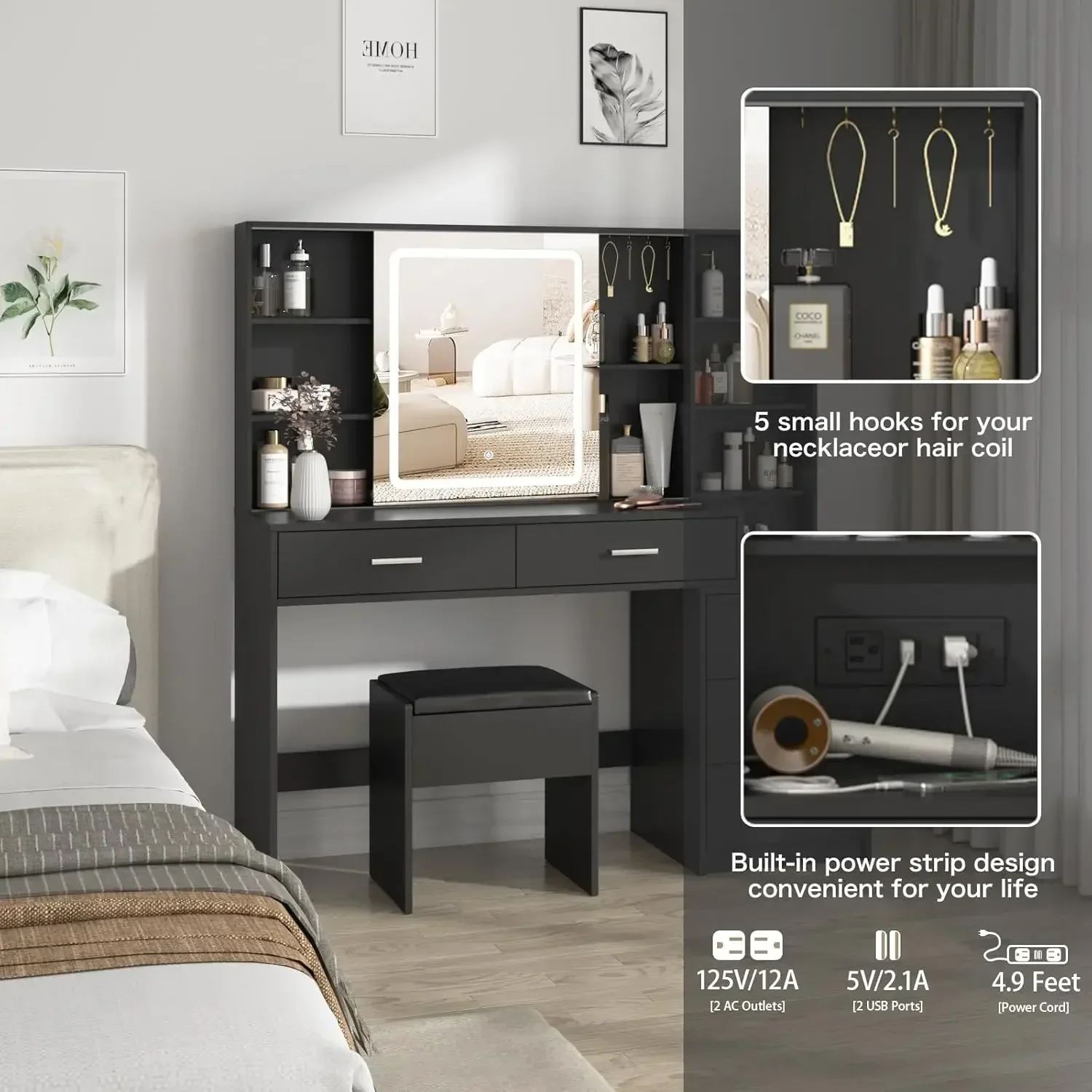 할인된 가격! 슬라이딩 거울이 있는 화장대, 3가지 색상 조명이 있는 화장대, 의자가 있는 화장대 세트