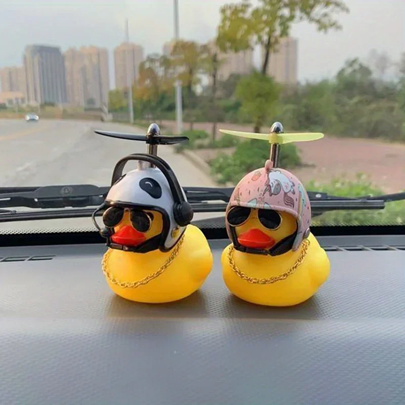 

2 Pcs Cool Rubber Duck Bike Car Ornament Dashboard Decoration Yellow Duck Duckling Bicycle Horns with Helmet for Bike Motorcycle