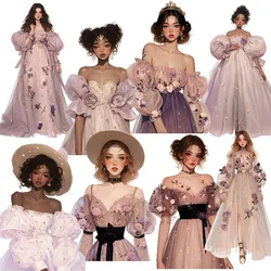 1 Set Watercolor Fashion Pink Purple Dress Girls Stickers Scrapbooking  Decorative DIY Stationery  Decals Journals Notebooks