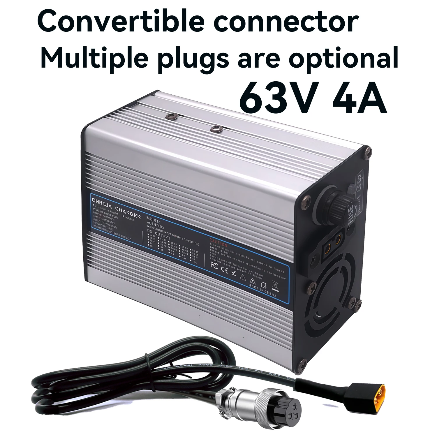 

Быстрое зарядное устройство с алюминиевым корпусом 63 В, 4 А. Специально разработанное для литий-ионных аккумуляторов 55,5 В, 15S с вентилятором и съемным разъемом.