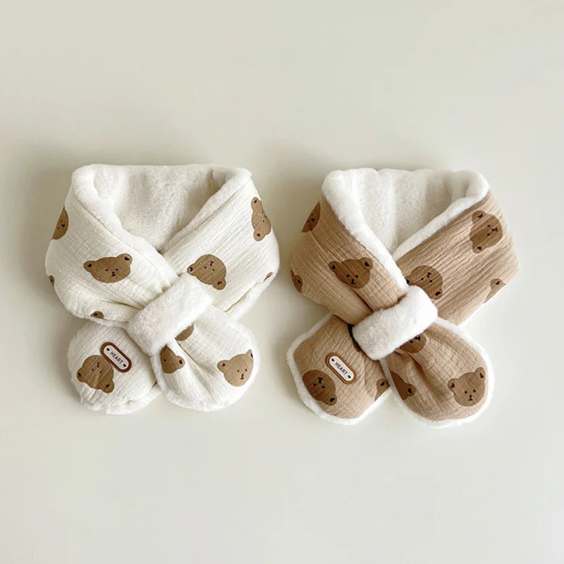 

Winter Baby Scarfs Korean Bear Fleece Neck Warmer Cross Scarves for Girls Boys Cute Toddler Kids Accessories 1-6 Years Old