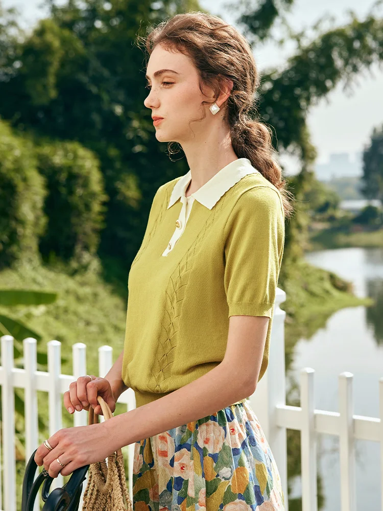 OLrain-Jersey de punto con cuello tipo Polo para mujer, Jersey informal de retazos con manga abombada, estilo francés, verano 2025, O23XZ69061