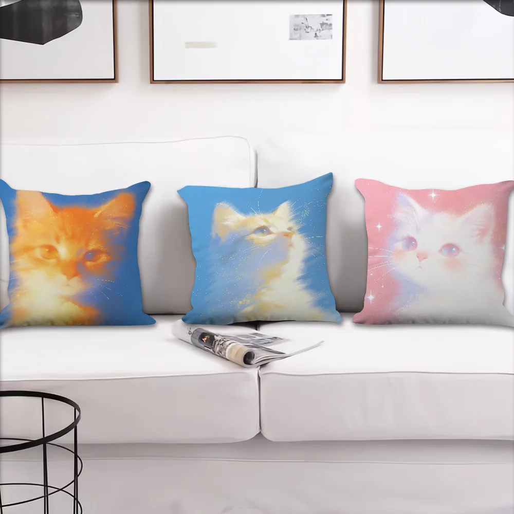 Cute Cartoon Sparkling Kitten Cushion Cover For Pillow Printing Sofa Decoration Home Room Coffee Shop Office Nordic Simplicity