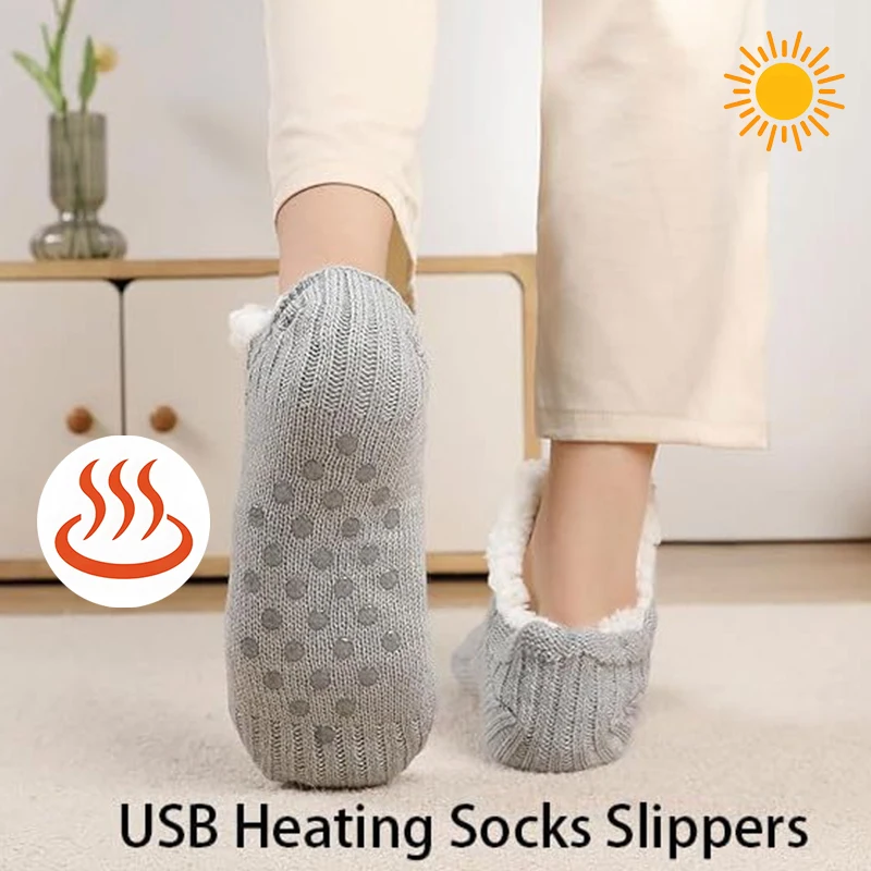 Winter Essential Heated Fleece Socks, USB Heating Pad Slippers for Men and Women, Knitted Foot Warmer