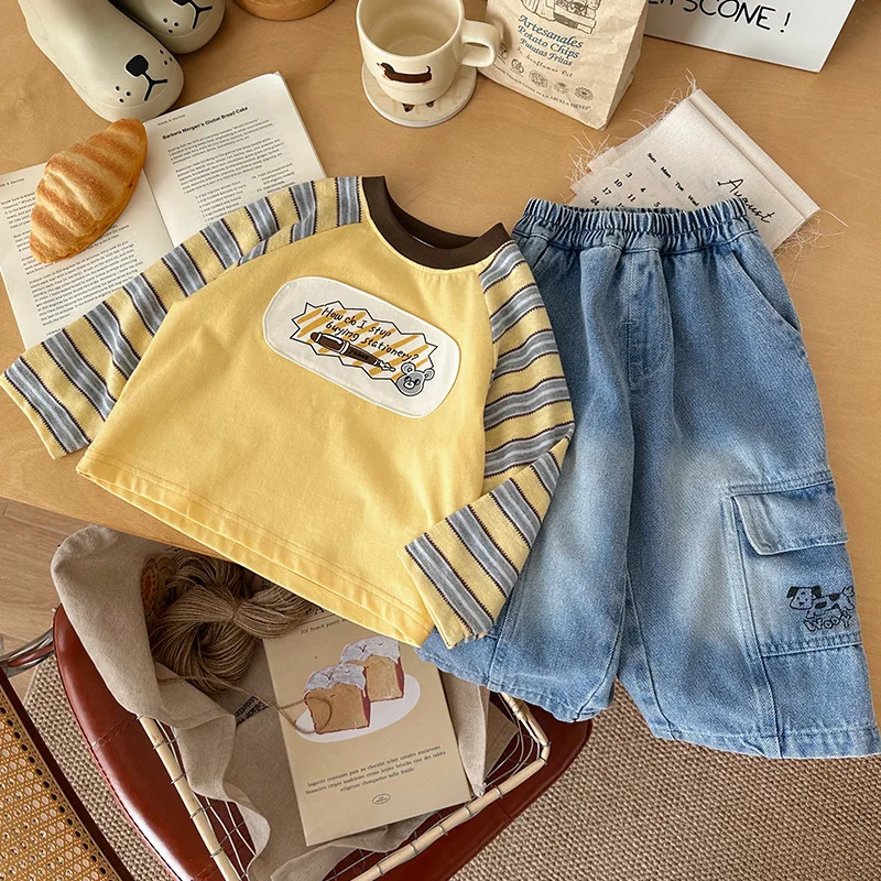 Autumn Kids Boys Striped Long Sleeves BELLBELL Letter Sticker Children Boys Pullovers Casual 1-6Yrs Babys Boys Overalls Jeans