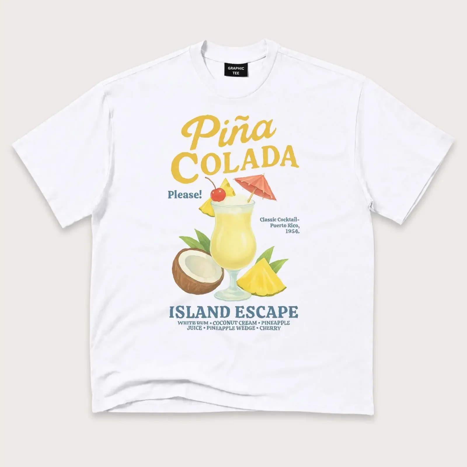Pina Colada T Shirt Retro Cocktail Tropical Drink Vacation  vintage Washed Stretched Casual graphic Comfortable