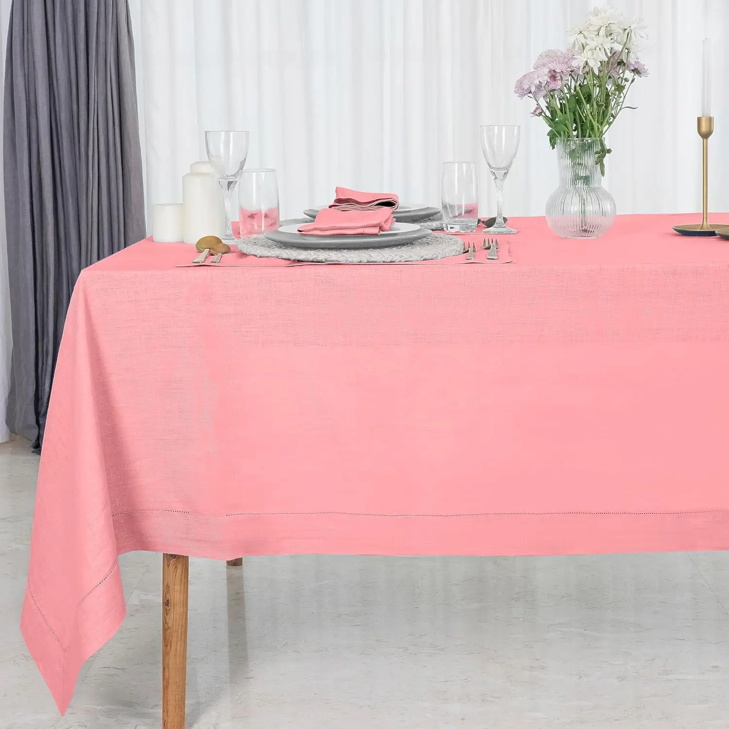 

D'Moksha Homes Linen Tablecloth 60 X 108 Inch - 100% Pure Linen Classic Hemstitch Dusty Pink Tablecloth - Machine Washable