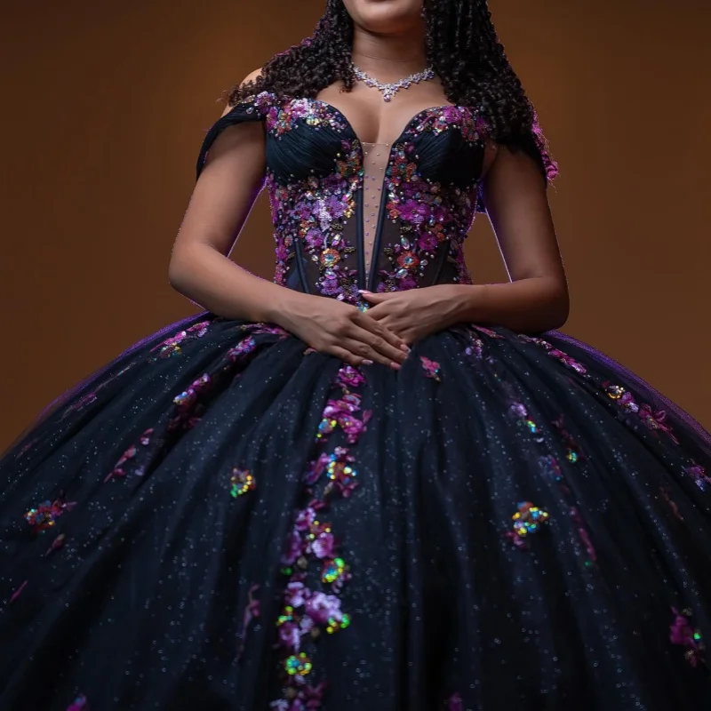 

Shiny Black Quinceanera Dresses Off the Shoulder Glitter 3D Flower Crystal Decal Long tail Vestidoe 15 Quinceanera Customize