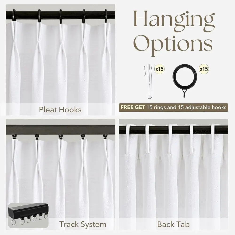 빛을 투과시키는 흰색 린넨 핀치 플리츠 커튼, 72인치 길이, 현대적인 해안풍 침실 장식을 위한 반투명 커튼