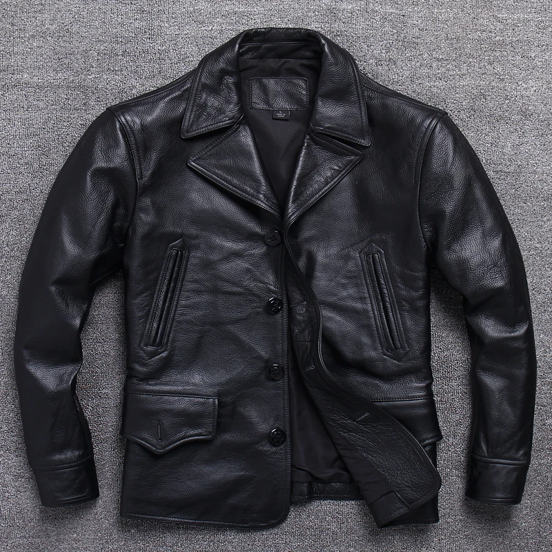 

Long jacket men's leather trench coat classic black plus size cowhide jacket casual leather jacket