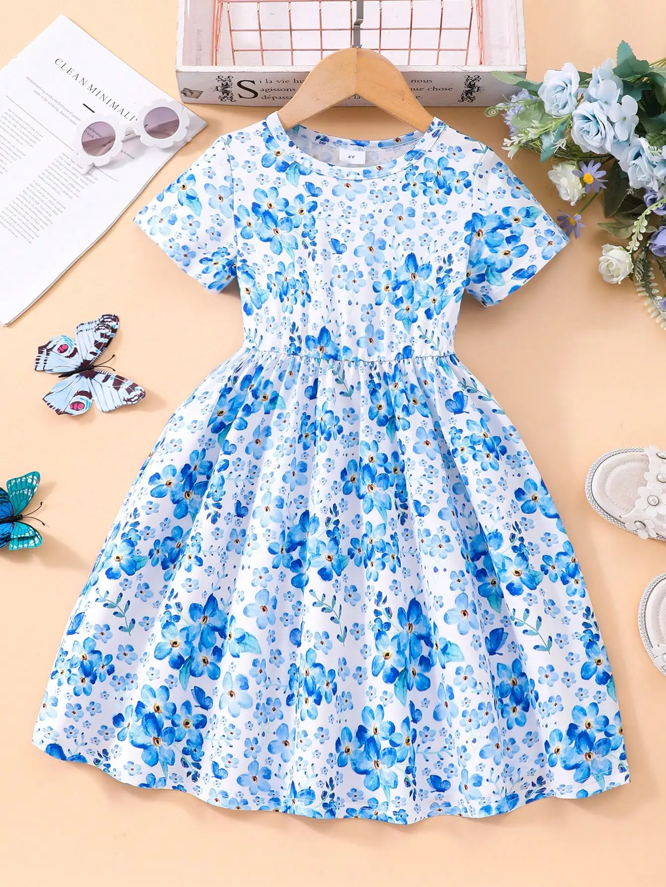 

Children's girls' Dress Round neck Blue Floral Short sleeved Dress 2-7-Year-old Girls' Summer Casual Dress Children clothing