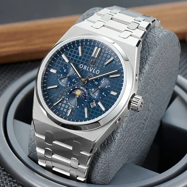 OBLVLO Men Automatic Watch 41mm Mechanical Wristwatch 50m Waterproof Sapphire Luminous TY16S4 Mov Multi-Dials Month,Week,Date