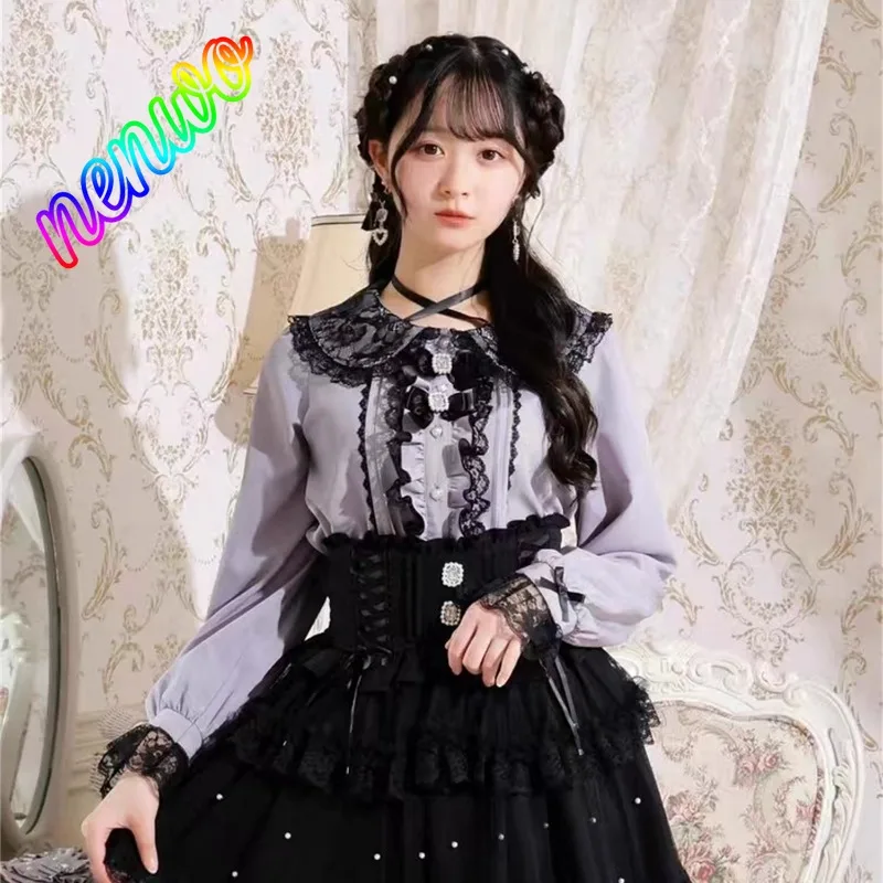 

Japanese New Mine Neck Bow Shirt Blouse Niche Design Lace Doll Collar Long Sleeve Shirts Spring New Blouse Tops Girls