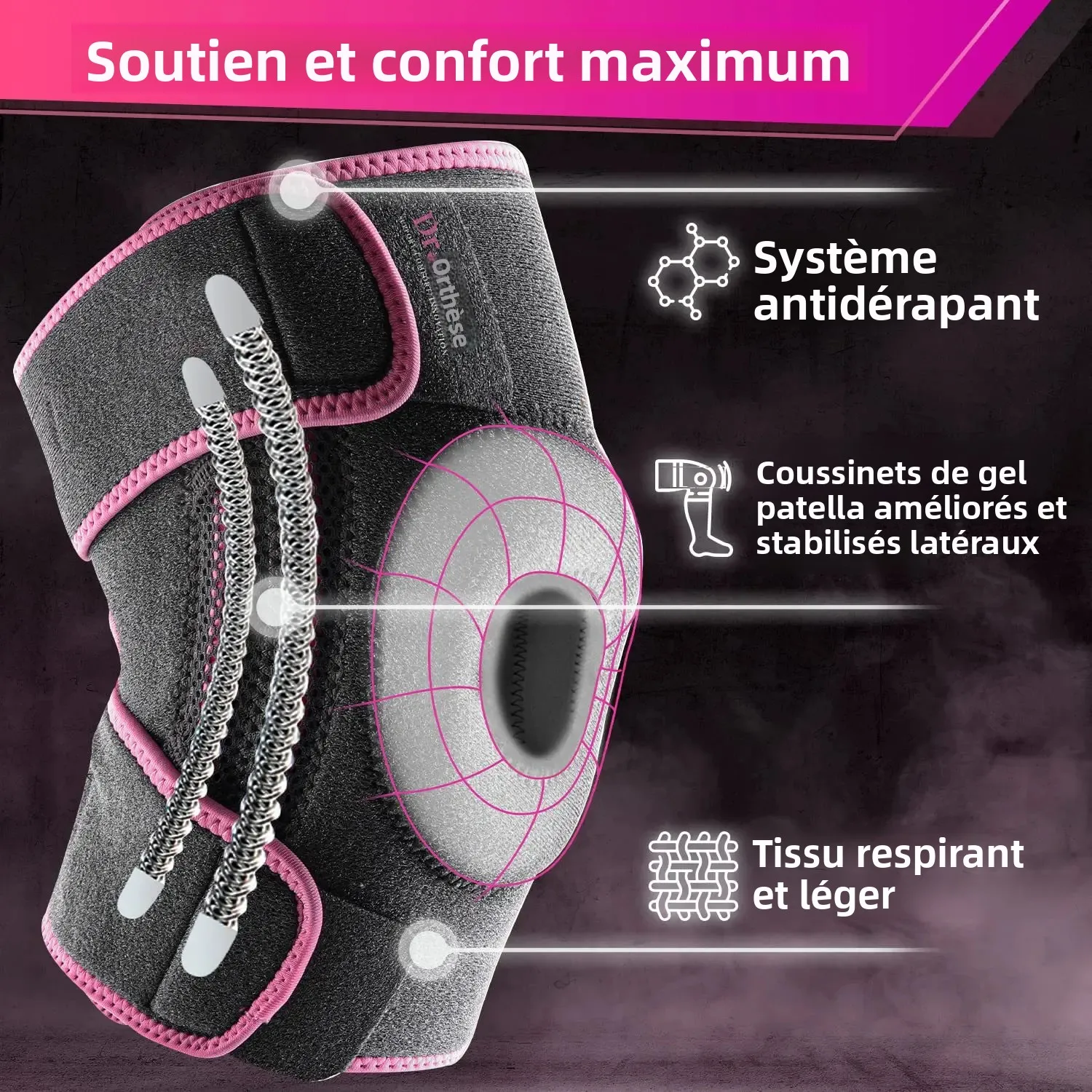 Genouillère avec stabilisateurs latéraux et coussinets en gel rotuliens pour un soutien maximal de la douleur au genou et une récupération rapide pour hommes et femmes