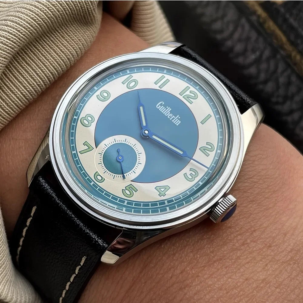 Relógio masculino vintage 38 mm ST17 movimento mecânico enrolado à mão mostrador preto à prova d'água luminoso