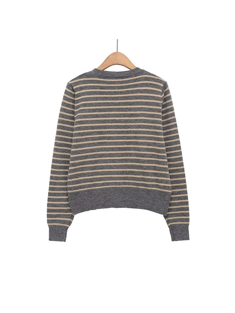 European style new women's fashion versatile temperament striped round neck knitted cardigan sweater jacket