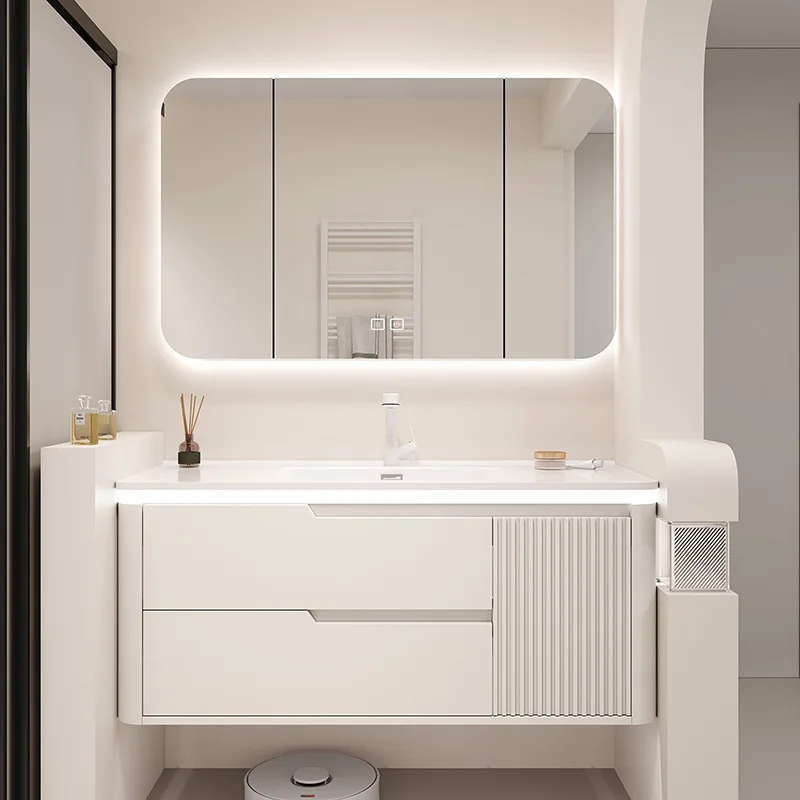 

Integrated ceramic basin bathroom cabinet combination rounded corner bathroom cabinet washbasin cream style washbasin