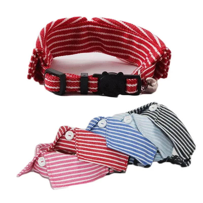 Fashion Small Cat Tuxedo Collar Gato Bowtie with Bell Denim Stripe Pet Dog Collier Chain for Kitten Cats Birthday Formal Suit