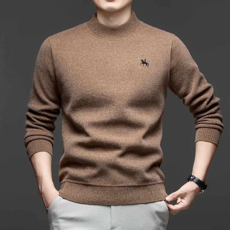 

High quality autumn and winter new men's knitted round neck sweater casual velvet warm pullover personalized pony embroidery top