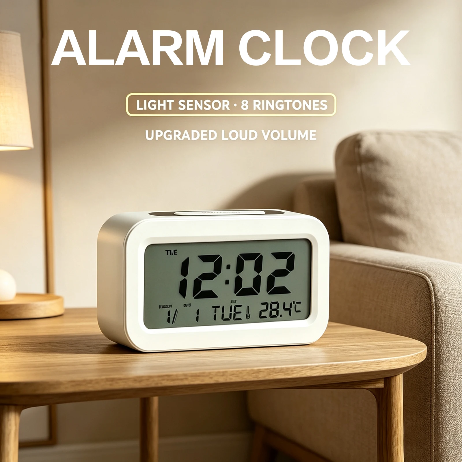 White Rectangle Multifunctional Alarm Clock 24H System Time Week Temperature Display Portable Mini Desktop Clock for Home Bedroom Office