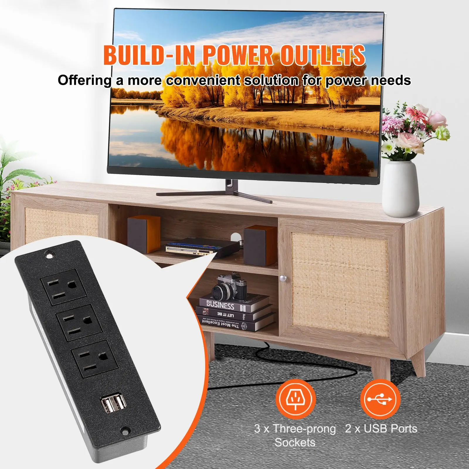Rattan TV Stand, Mid Century Modern TV Stand for 75 inch TV, Boho Rattan TV Cabinet with Build-in Socket and USB Ports, Adjustab