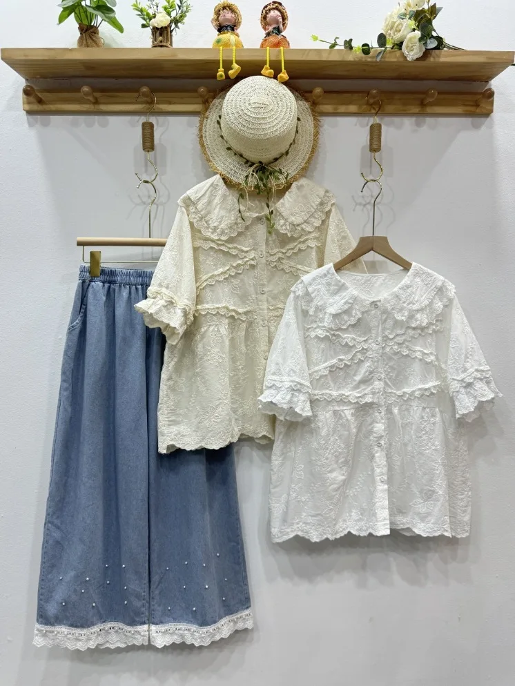 Mori kei clothing sweet lolita shirt peter pan collar short sleeve lace embroider shirts and blouses Japanese style vintage tops