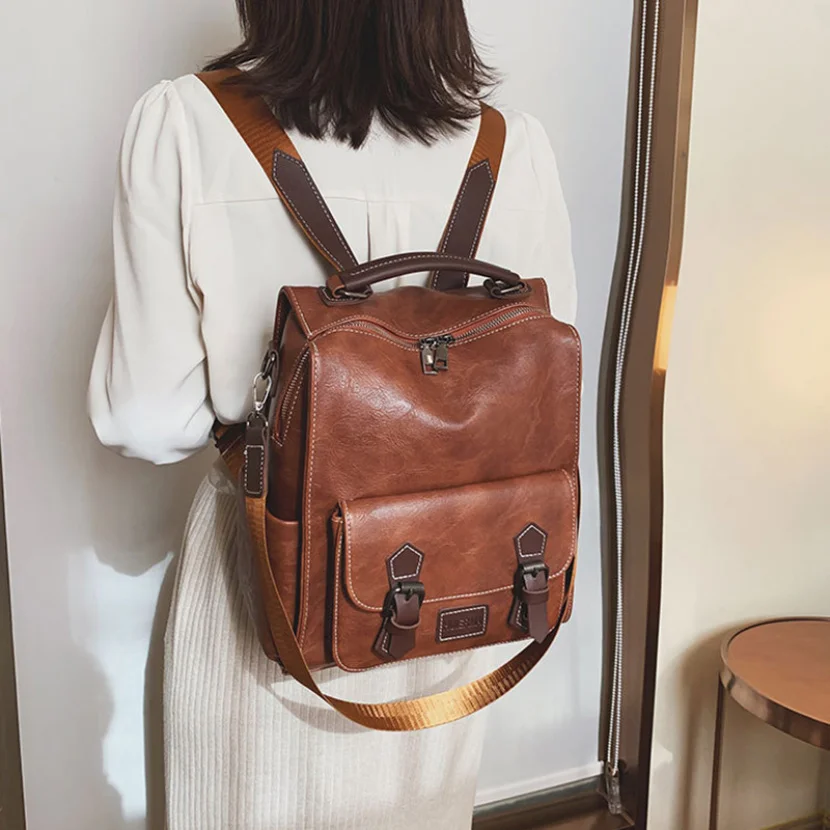 Sac à Dos Vintage en Cuir Pu pour Femme, Marron, Décontracté, de Voyage, Rétro, Sacs d\'École pour Étudiants, 2023