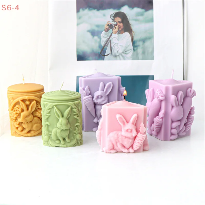 Cute Flower Bunny Carrot Cylinder Silicone Candle Mold - Embossed Rabbit Design for Aromatherapy Candle Making