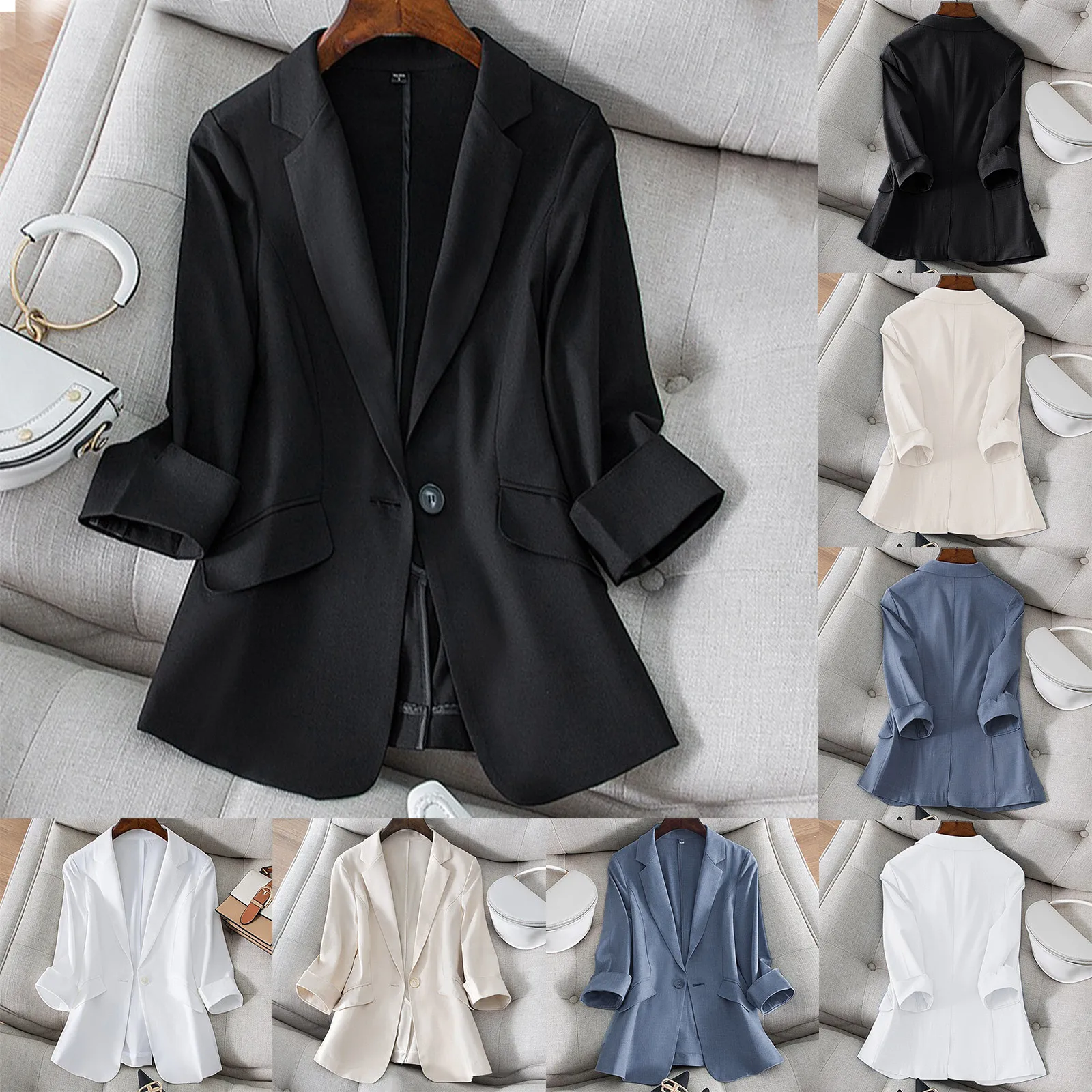 Solid Color Small Suit Jacket For Women With 3/4 Sleeves Spring And Summer Korean Style Slim New In Coats Peak Lapel Jacket