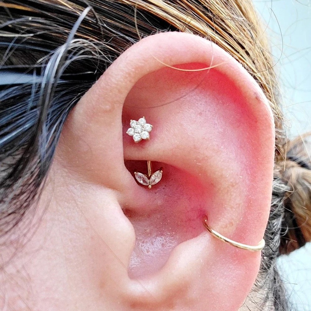 6-1PCS Stainless Steel Internal Thread Floral Lip Belly Button Rook Earring Dainty CZ Marquise Daith Conch Piercing Jewelry 16G