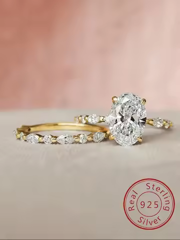 925 Sterling Silver Luxury Golden Oval Marquise Zircon Stackable Set Ring For Women Anniversary High Quality Fine Jewelry