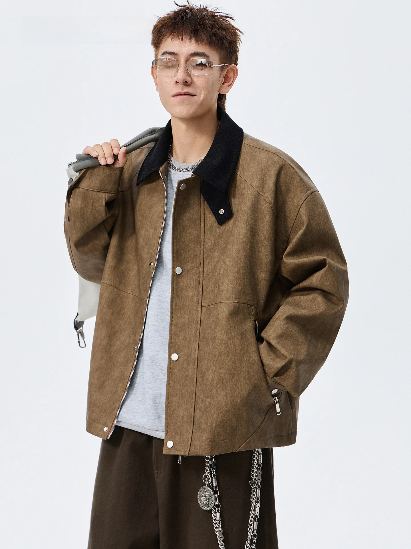 

La Chapelle Men's Leather Jaet Spring Autumn New American Trend Motorcycle Clothes Large Size PU Top Casual Sle Zipper Cl...