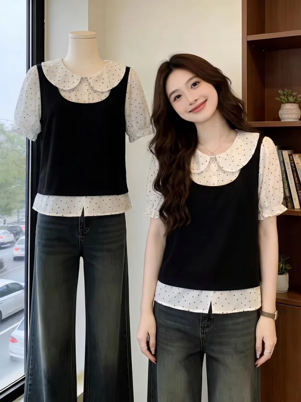 

Summer New Polka Dot Short Sleeve Doll Collar Shirt Women's plus Size Loose Fit Commute Style Korean Version Big Code Shirt
