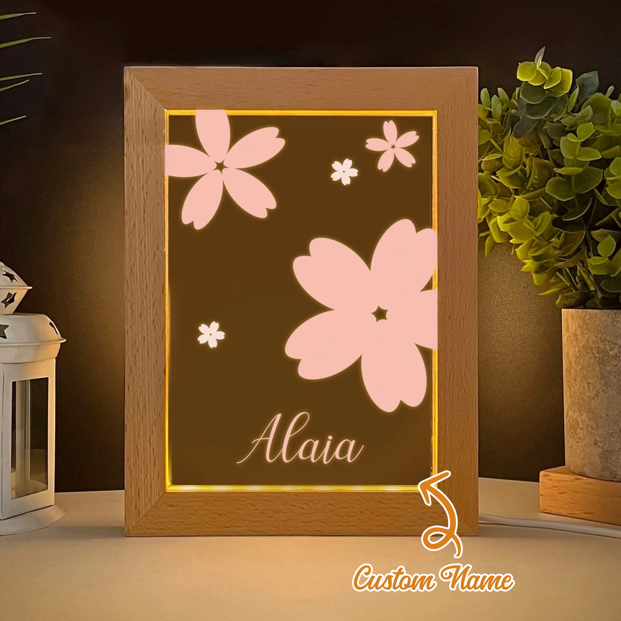 

2D Flat Custom Name Cherry Blossom LED Acrylic Night Light Wood Photo Frame 21x17cm Cartoon Children's Bedroom Gifts Home Decor