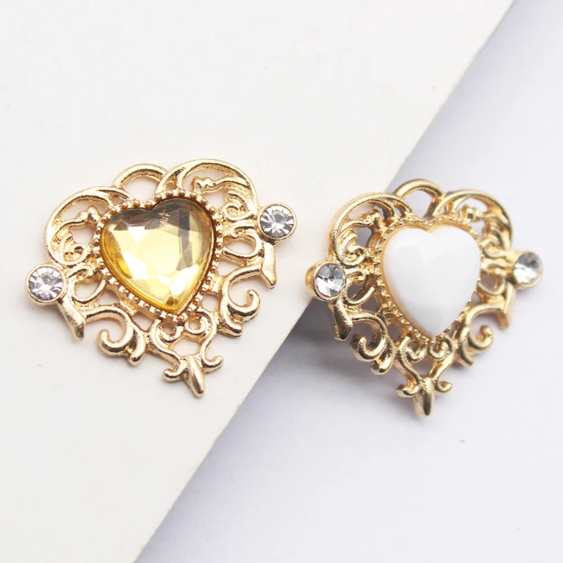 10Pcs NEW 21*25mm Heart Flat Alloy Rhinestone Buttons For Clothing Decoration Diy Crafts Headband Wedding Decoration