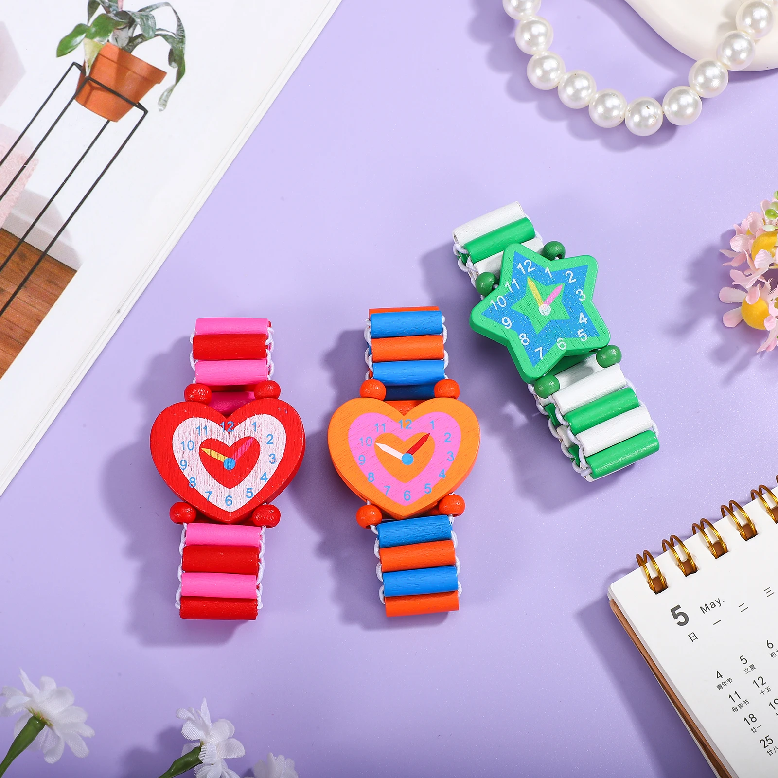 

3pcs Wood Cartoon Elastic Wristwatches Baby Gifts Safe Paint Cartoon Ristwatches Kids Watch Quartz Ladies Watches