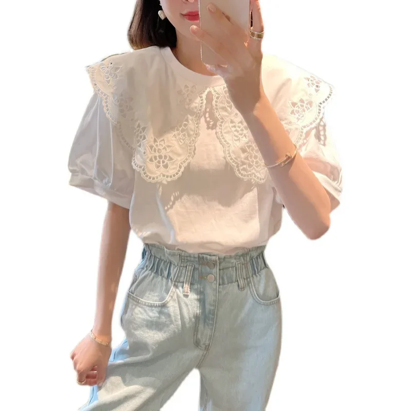 2023 new ladies white chic openwork Peter Pan collar sweet lotus petal collar T-shirt loose top Y2k white short sleeves