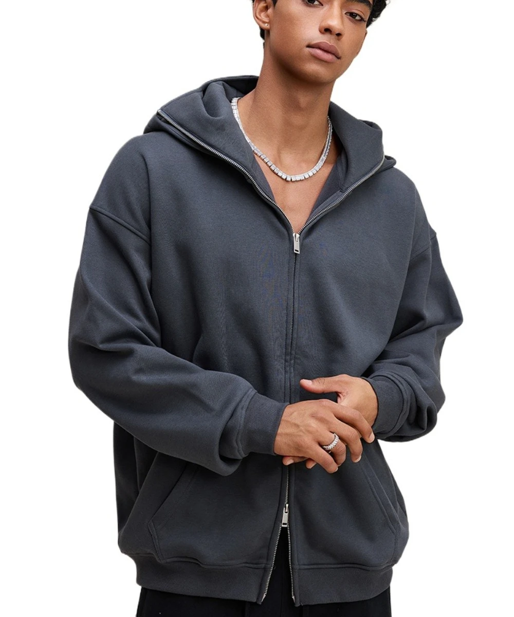 Personalized LOGO Custom Men's Clothing 340G Autumn Winter Fleece Hooded Sweater High Street Sports Windproof Mask Zipper Jacket