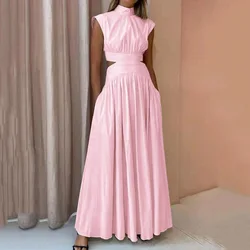 Women Fashion High Neck Solid Long Dress 2023 Summer Casual Sleeveless Hollow Out Maxi Dress Office Elegant Pleated Party Dress