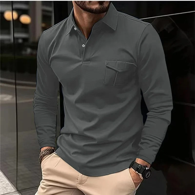 New Long Sleeve Men\'s Casual Loose Lapel Polo Shirt Solid Color Pocket Autumn Winter Sports Polo Shirt T-shirt