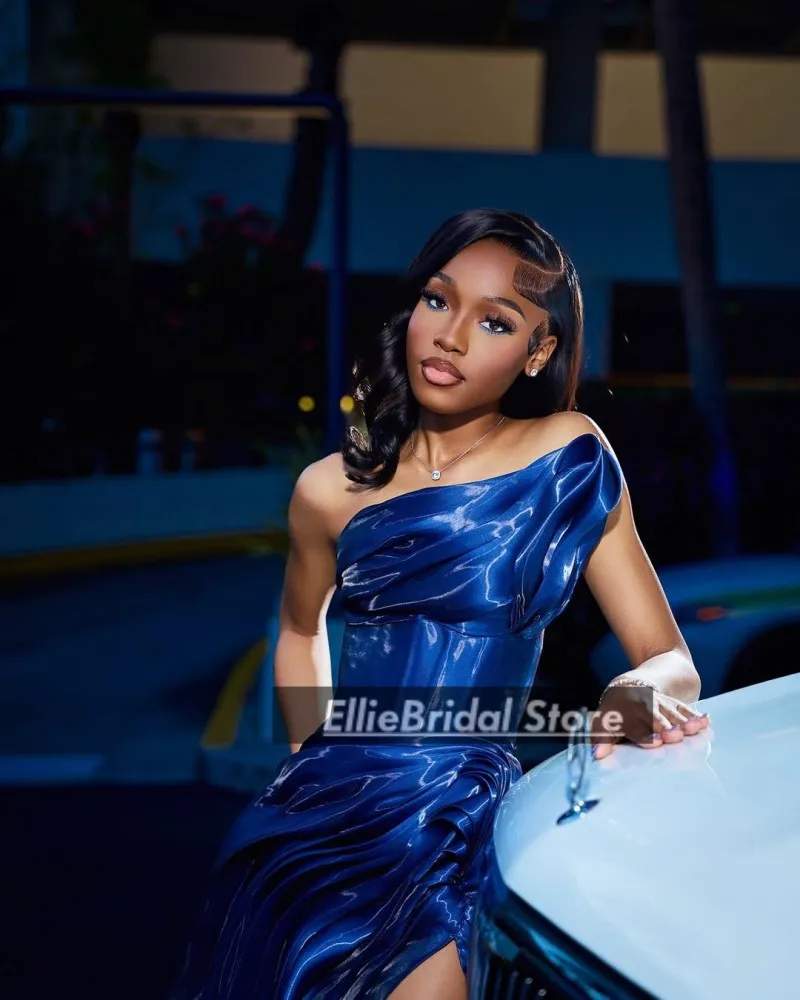 Royal Blue Flowing Satin Evening Dress For Nigerian Girls Luxurious Party Dresses High Split Mermaid Evening Gowns Customized